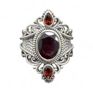 Natural Rhodolite Red Garnet Ring Hammered 925 Sterling Silver Size 7 Handmade